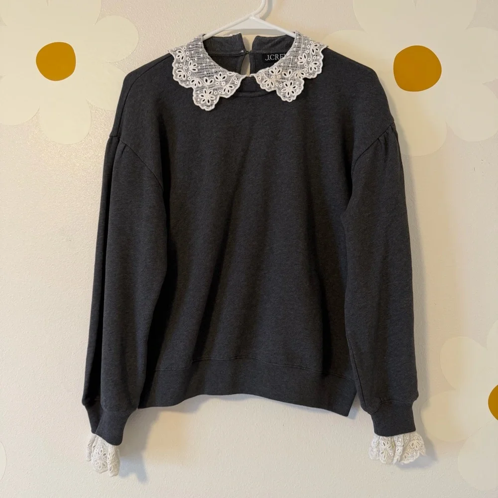 J. Crew Gray Pullover Crewneck Sweatshirt with Crochet Lace Collar and Cuffs
